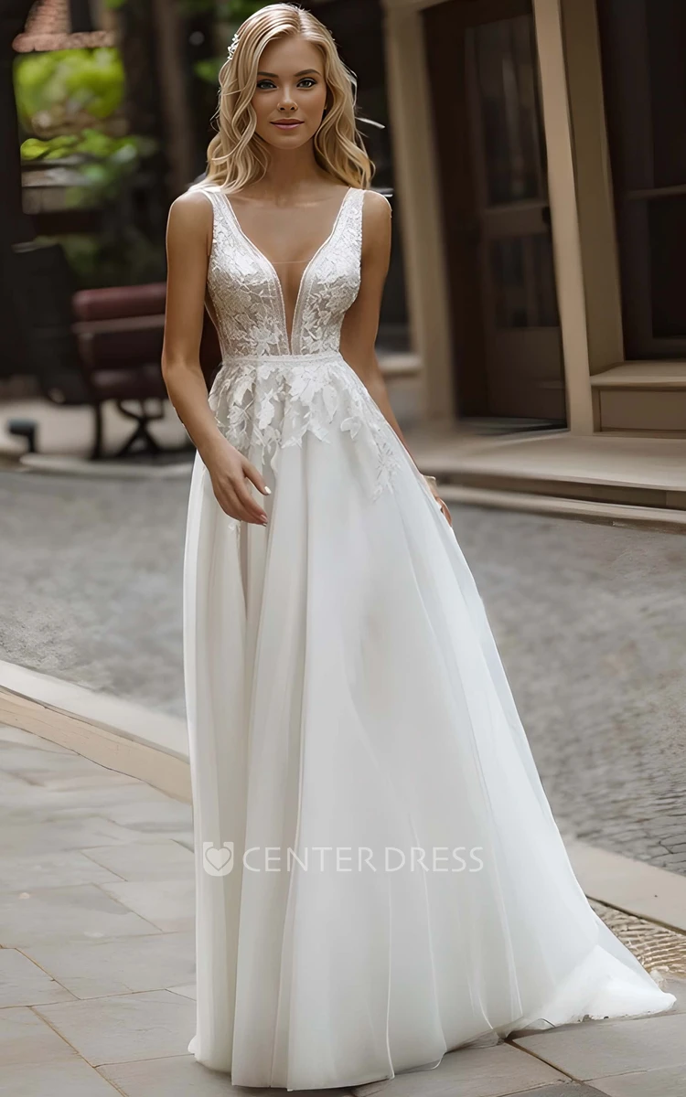 Elegant Satin V-neck Sheath Sleeveless Sweep Train Floor-length Low-V Back  Wedding Dress