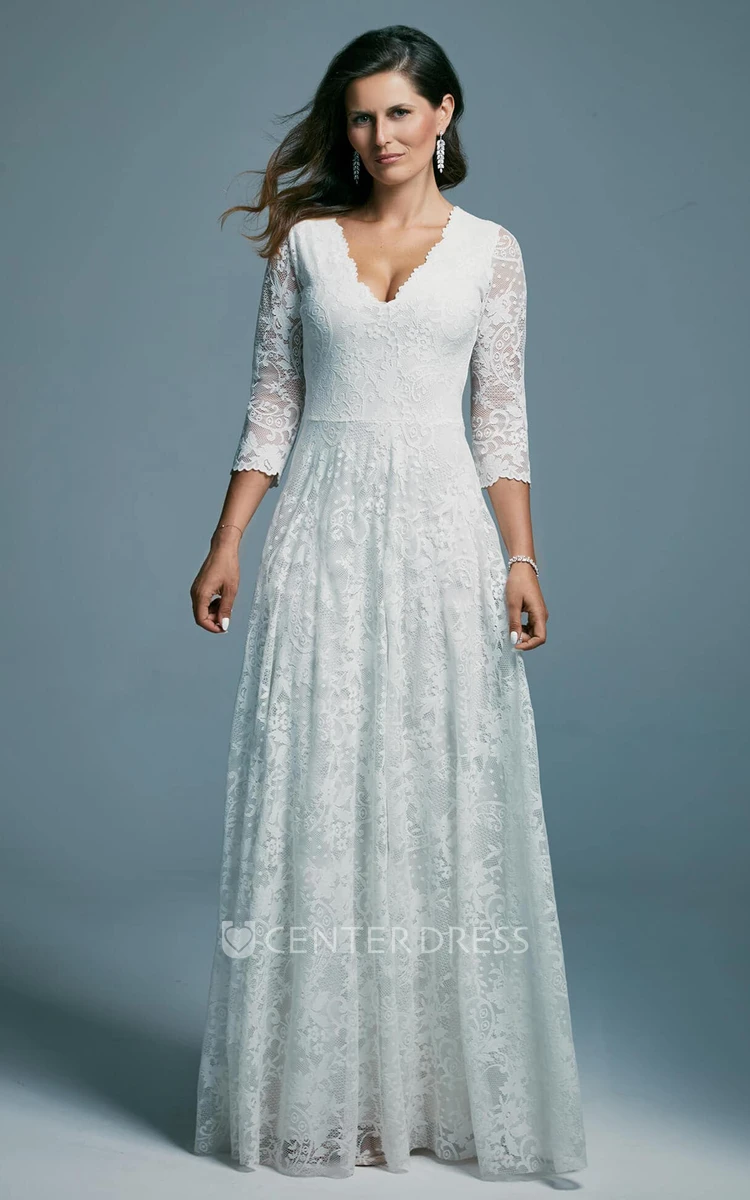 V-neck Lace Romantic V-neck Sheath Wedding Dress With Zipper Back And Appliques