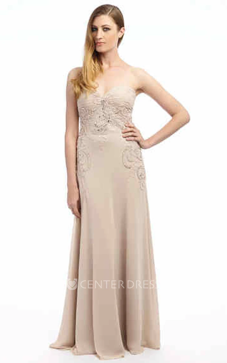 Maxi Ruched Sleeveless Sweetheart Chiffon Prom Dress With Appliques