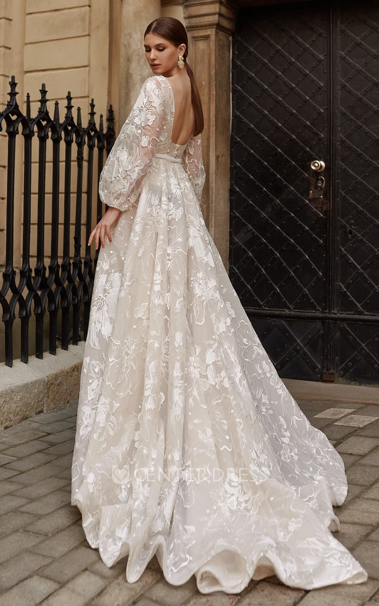 Exquisite Lace Plunging Neck A Line Sweep Train Wedding Dress with Appliques
