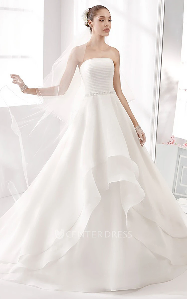 Strapless A-Line Wedding Gown With Pleated Bodice and Asymmetrically Ruffled Skirt
