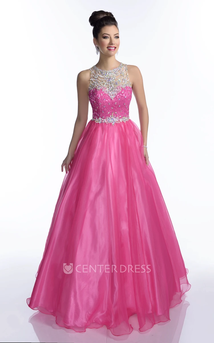 A-Line Tulle Sleeveless Prom Dress With Lace Bodice And Shining Rhinestones