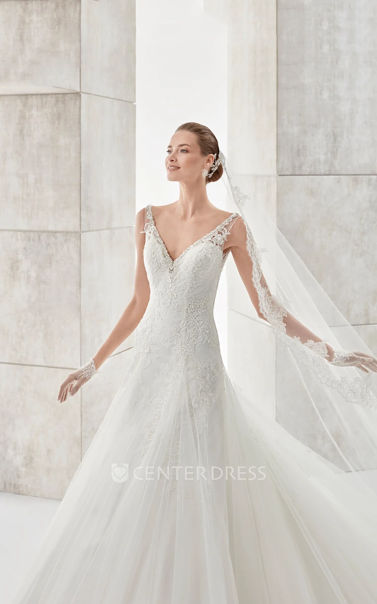 V-neck A-line Wedding Dress with Illusive Lace Straps and Low-V Back