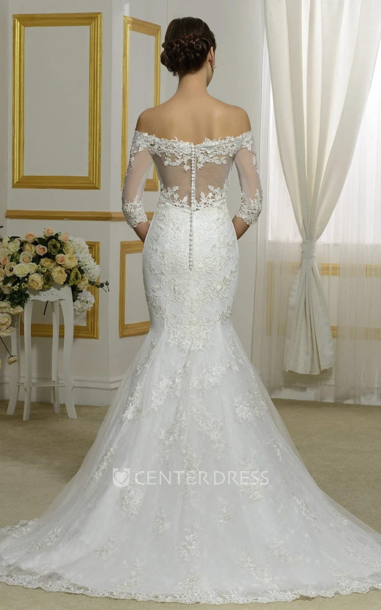 Off-the-shoulder Illusion Button Back Lace Elegant 3/4 Sleeve Mermaid Wedding Dress