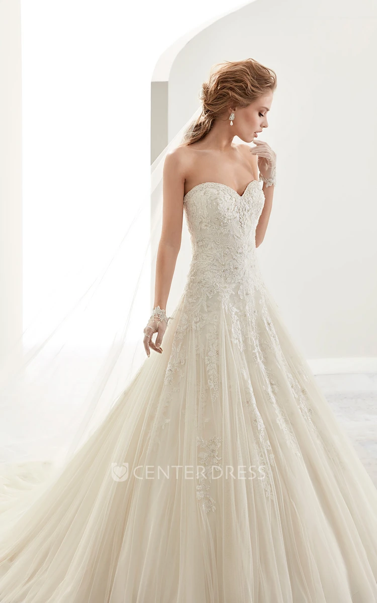 Sweetheart Brush-Train A-Line Bridal Gown With Beaded Details And Lace-Up Back