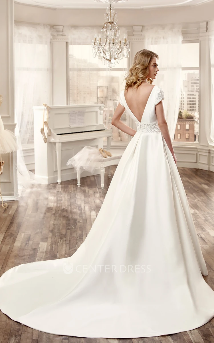 V-Neck Court-Train Satin Long Wedding Dress With Low-V Back And Floral Waistband