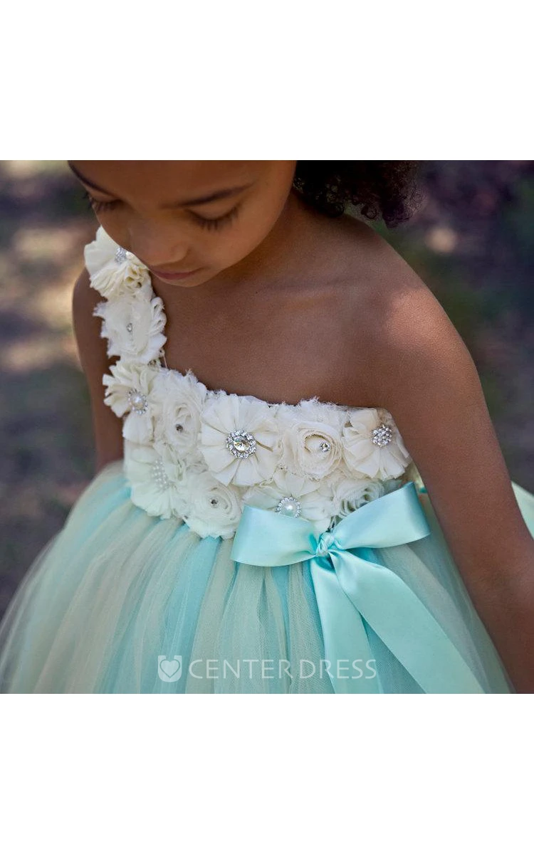 Princess A-Line One Shoulder Ankle Length 3D Floral Flower Girl Dress