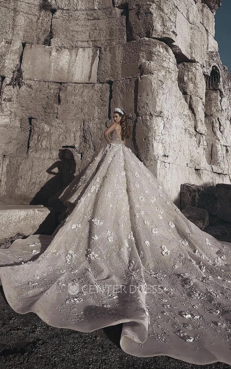 Appliqued Illusion Long Sleeve 3D Floral Luxury Bridal Ball Gown Wedding Dress With Beading