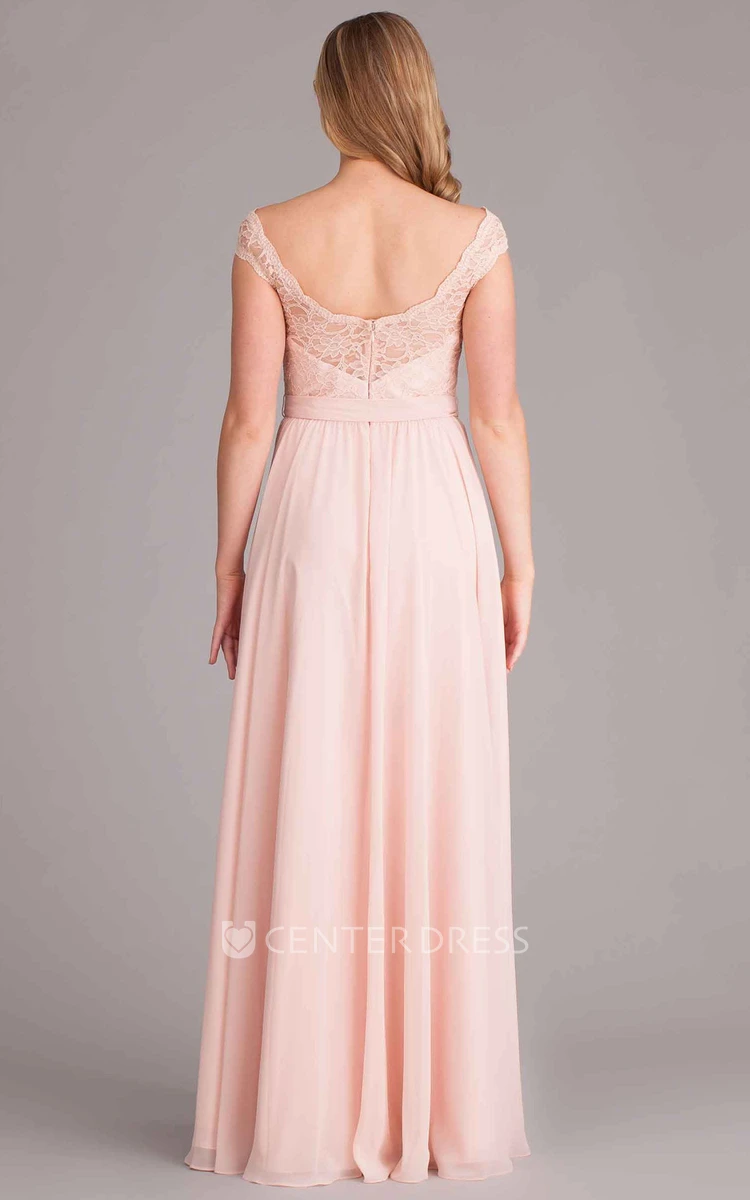 Floor-Length Lace Scoop Neck Cap Sleeve Chiffon Bridesmaid Dress