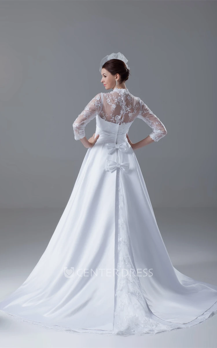 Modest High Neck 3-4-Sleeve A-Line Lace Satin Wedding Gown with Bows