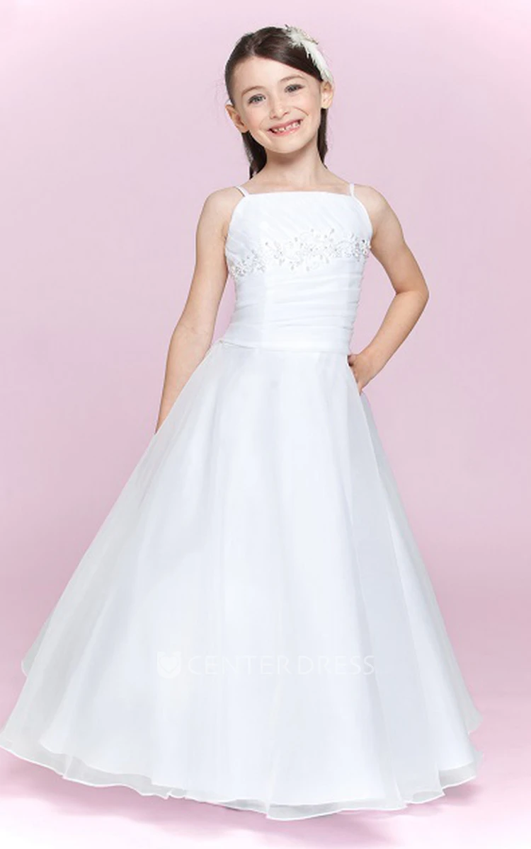 Flower Girl Spaghetti Straps Square Neck Organza Long Dress With Bandage