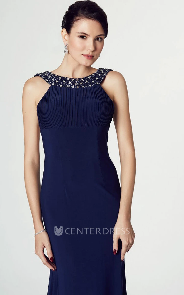 High-Low Beaded Scoop Neck Sleeveless Jersey Prom Dress With Brush Train