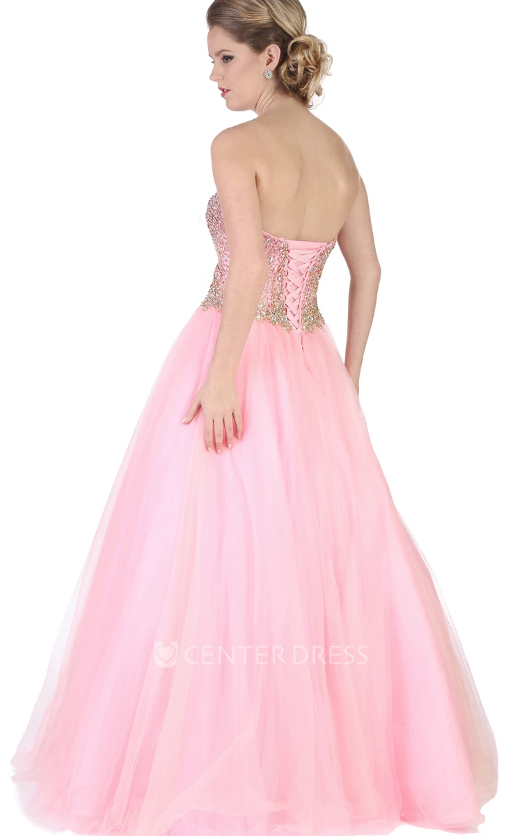 Ball Gown Sleeveless Long Sweetheart Beaded Tulle Prom Dress