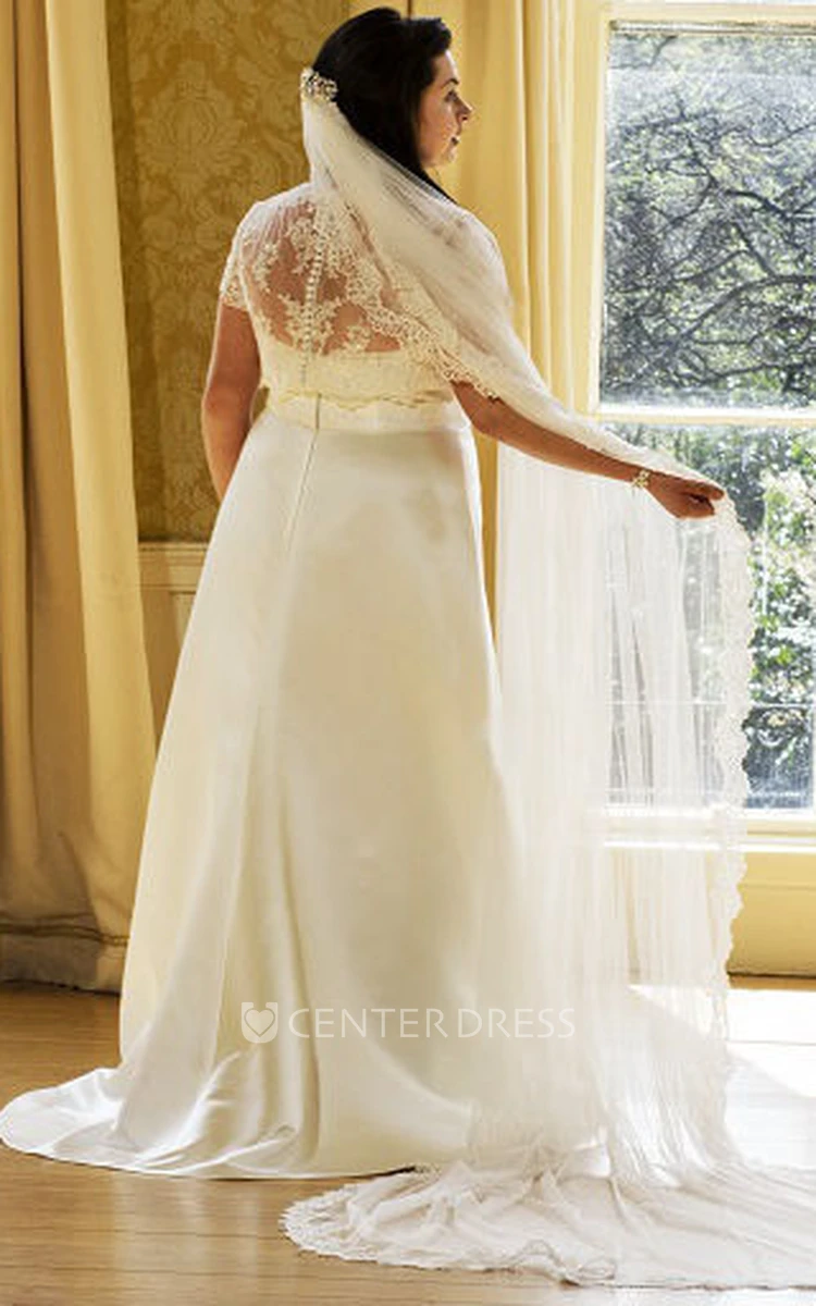 Scalloped High Neck Short Sleeve Taffeta Bridal Gown With Lace Top