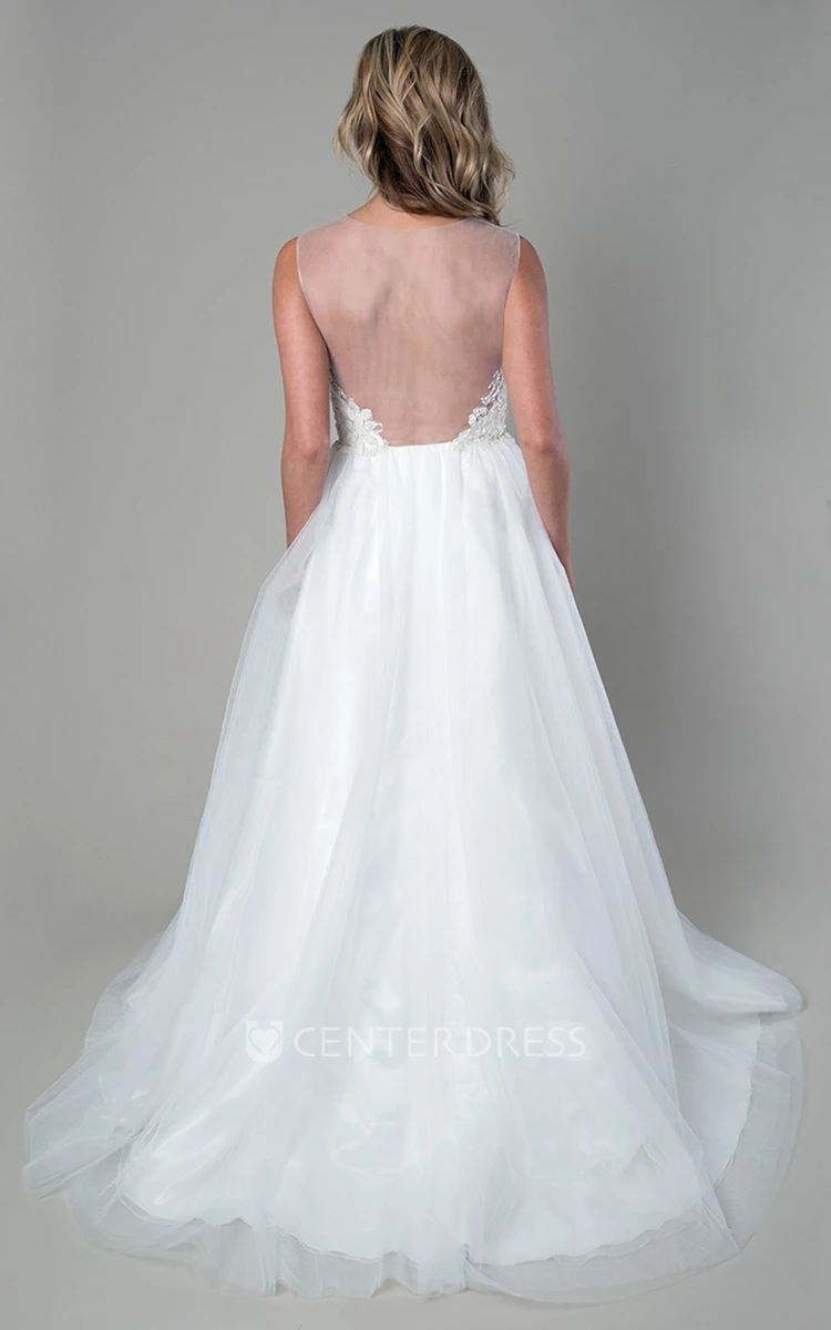 A-Line Sleeveless Long Scoop-Neck Appliqued Satin&Tulle Wedding Dress