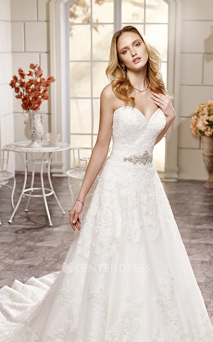 A-Line Sweetheart Floor-Length Jeweled Lace&Satin Wedding Dress With Appliques And Sash
