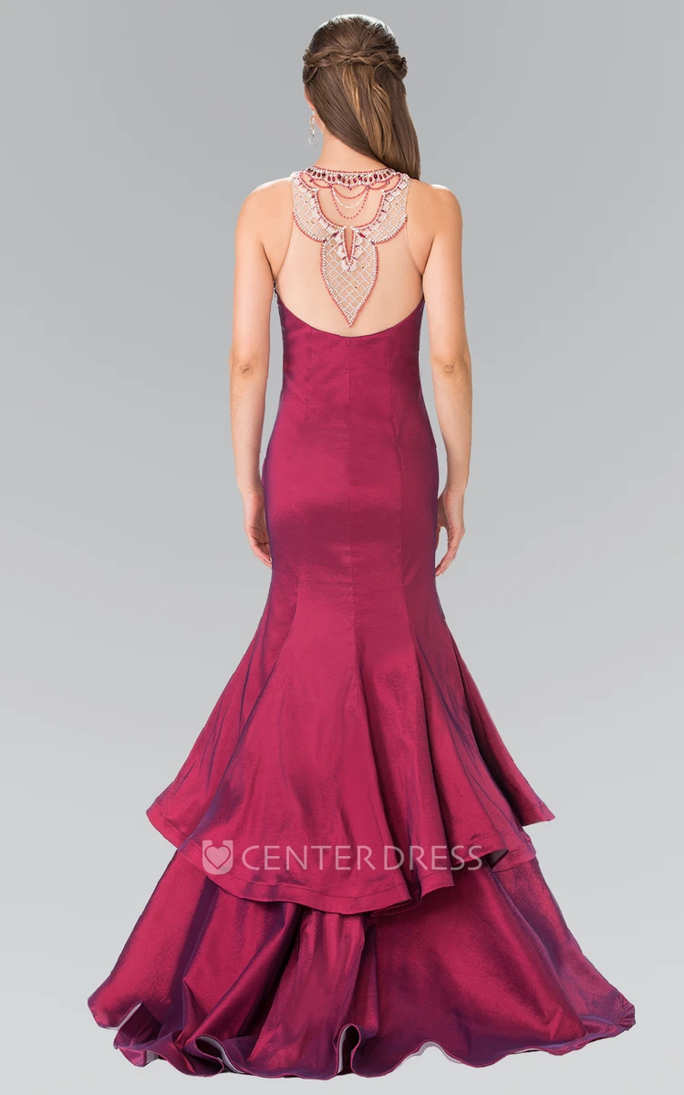 Trumpet Scoop-Neck Sleeveless Satin Illusion Dress With Beading And Tiers