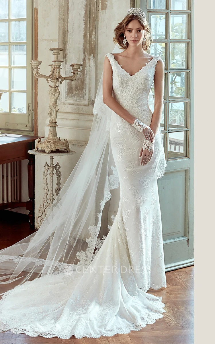 Strap-Neck Sheath Wedding Dress With Low-V Back and Court Train 