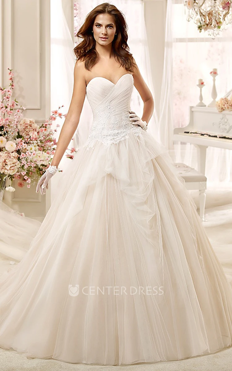 Sweetheart A-Line Pleated Gown With Pleated Corset And Appliques