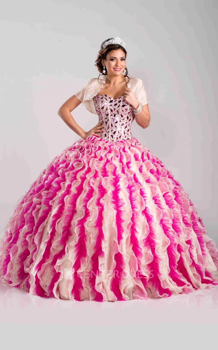 Organza And Tulle Ball Gown With Ruffles And Rhinestones