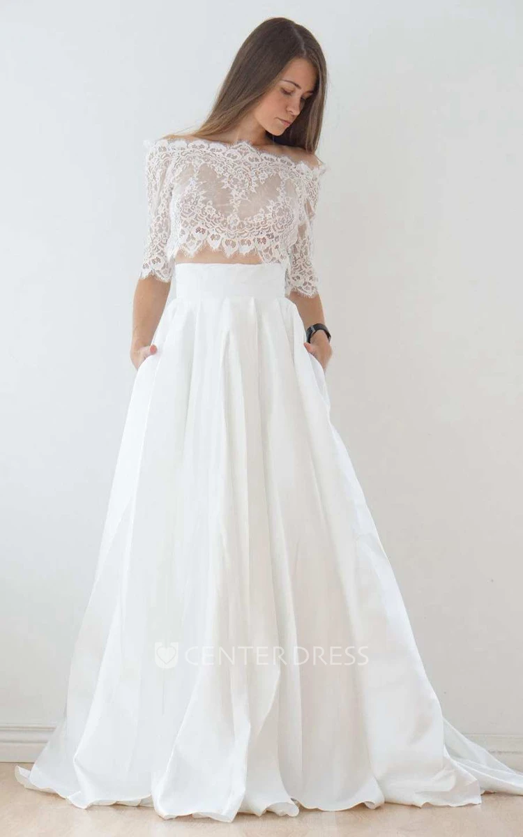 Off-The-Shoulder Lace A-Line Satin Two-Piece Spring Wedding Dress With Sweep Train