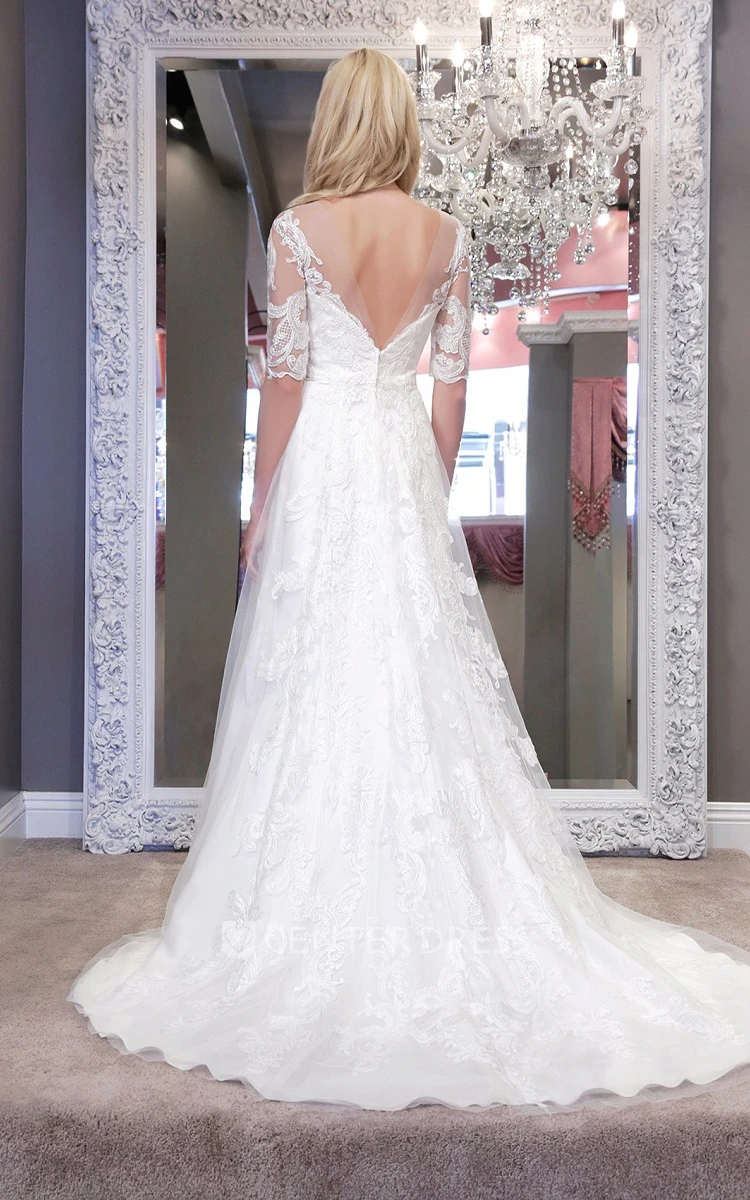 A-Line Jewel-Neck Half-Sleeve Lace&Tulle Wedding Dress