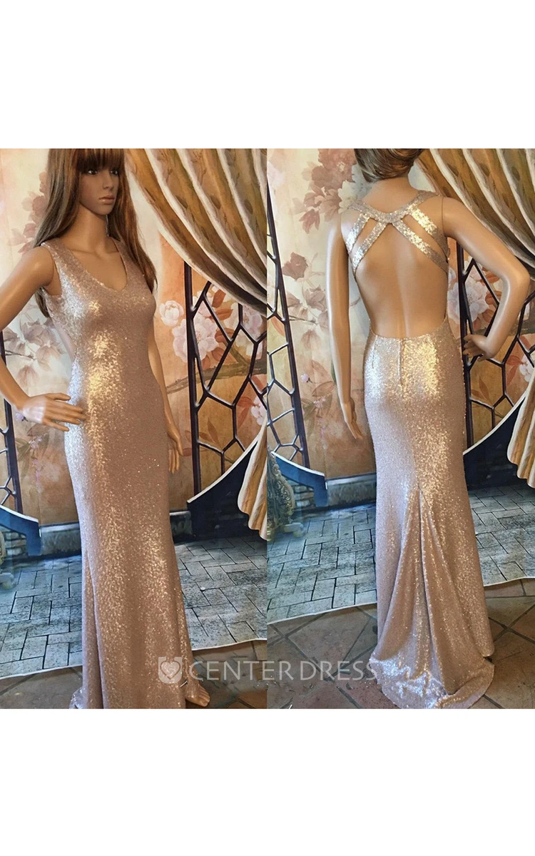 V-neck Form Fitted Sequined Dress With Open Back