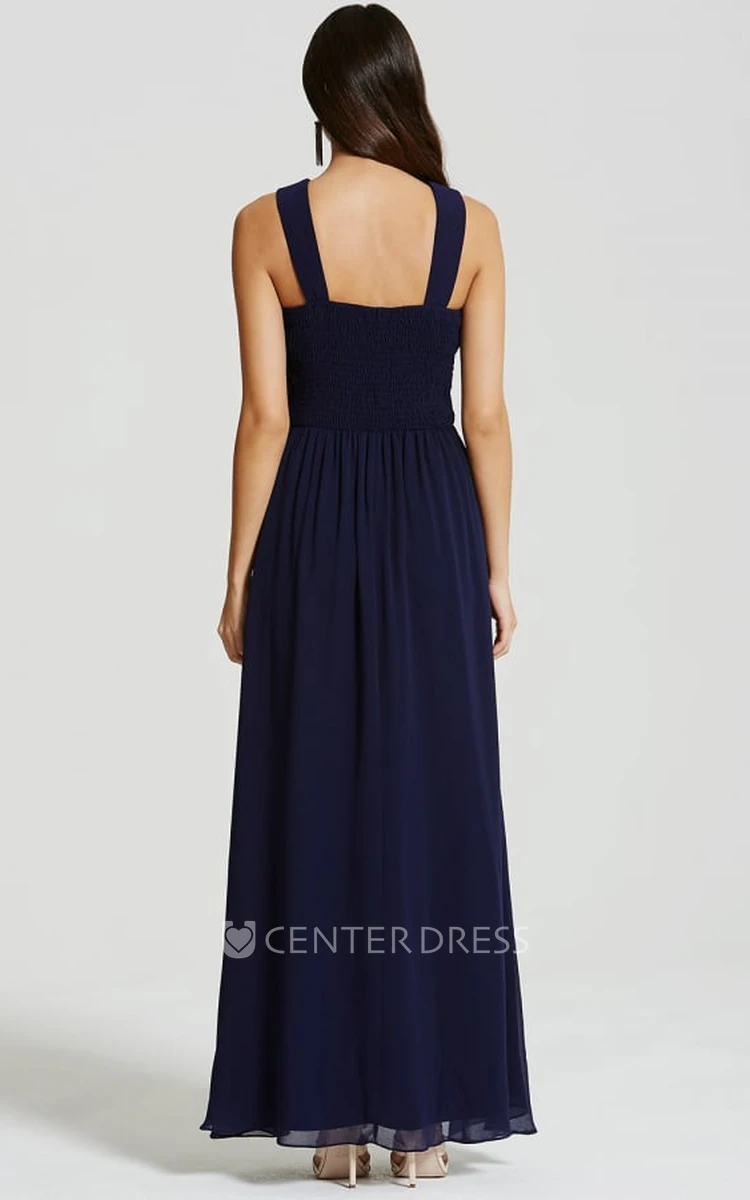 Ankle-Length Appliqued Strapped Sleeveless Chiffon Bridesmaid Dress