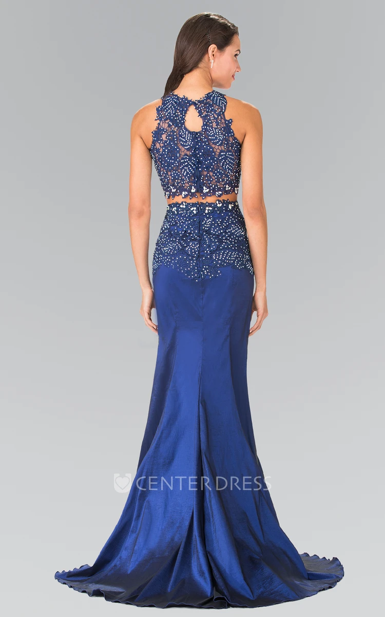Two-Piece Mermaid High Neck Sleeveless Satin Illusion Dress With Appliques And Beading