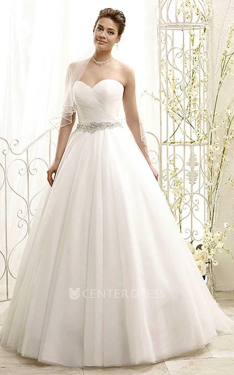 Ball Gown Sweetheart Floor-Length Jeweled Tulle Wedding Dress With Criss Cross