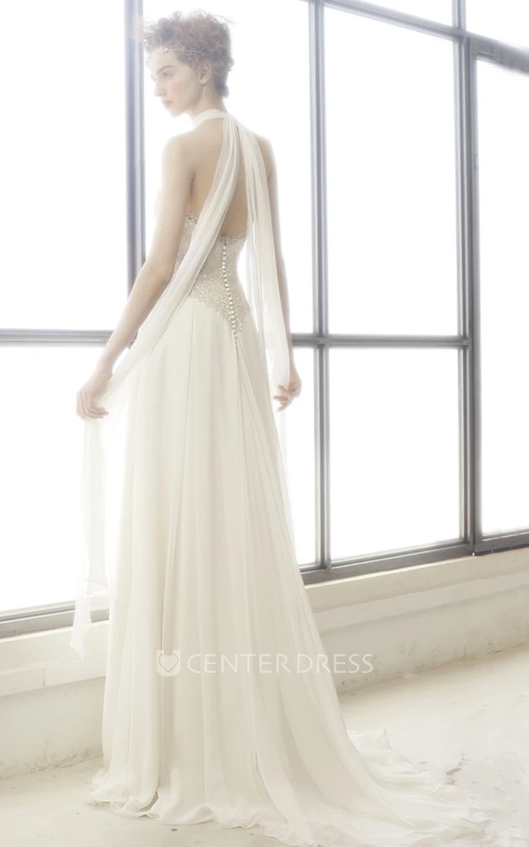 High Neck Sleeveless Lace Floor-Length Chiffon Wedding Dress With Backless Style And Pleats