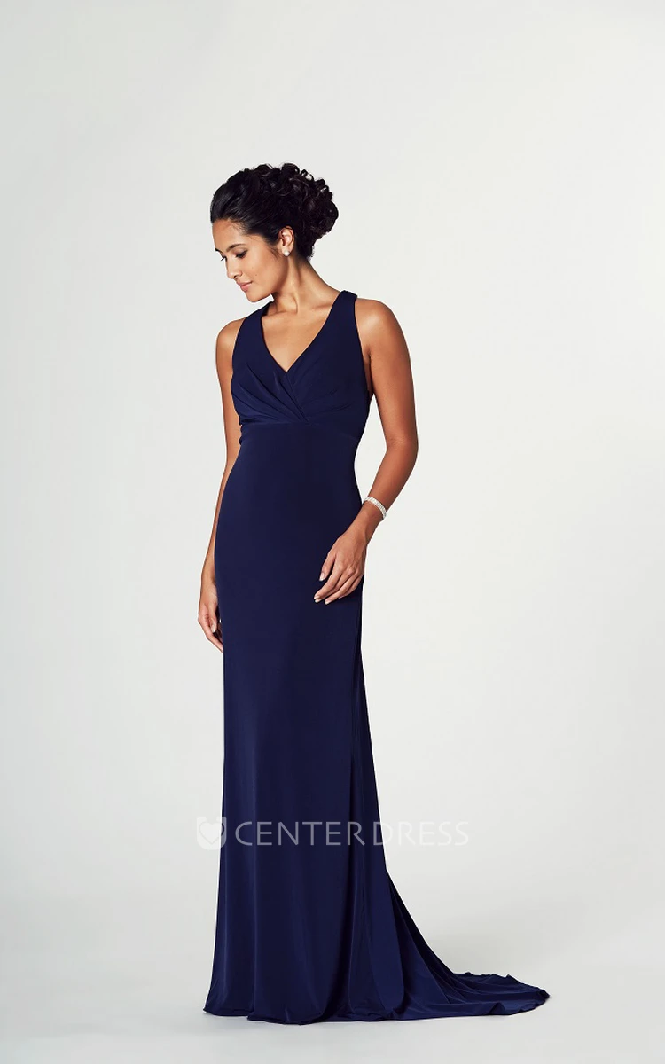 Sleeveless V-Neck Ruched Jersey Prom Dress With Beading And Brush Train