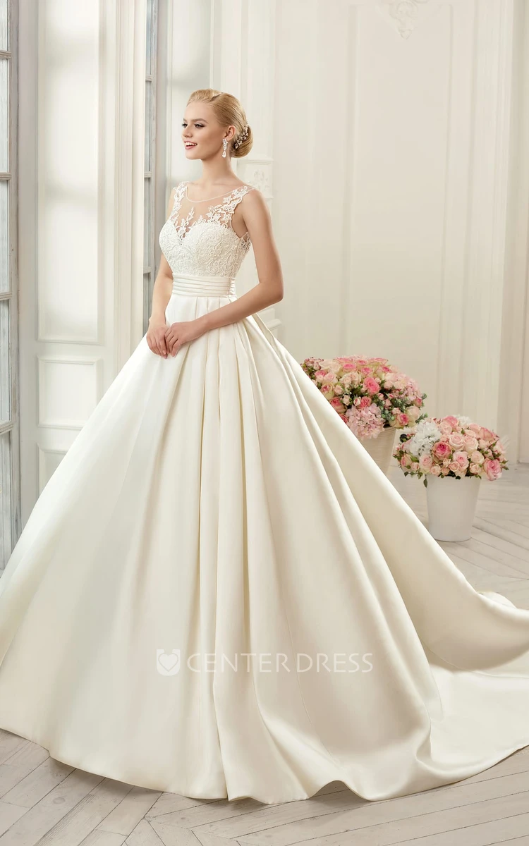 Ball Gown Long Scoop Sleeveless Deep-V-Back Satin Dress With Appliques