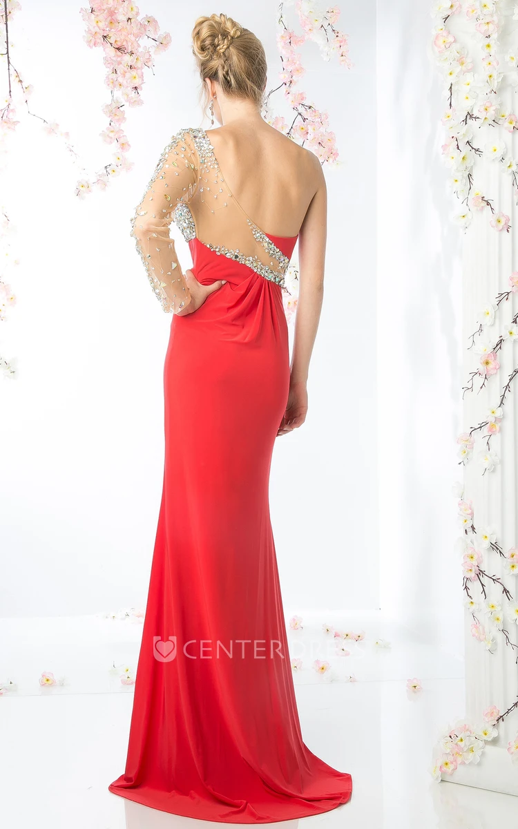 Sheath One-Shoulder Illusion Long Sleeve Jersey Dress With Beading And Split Front