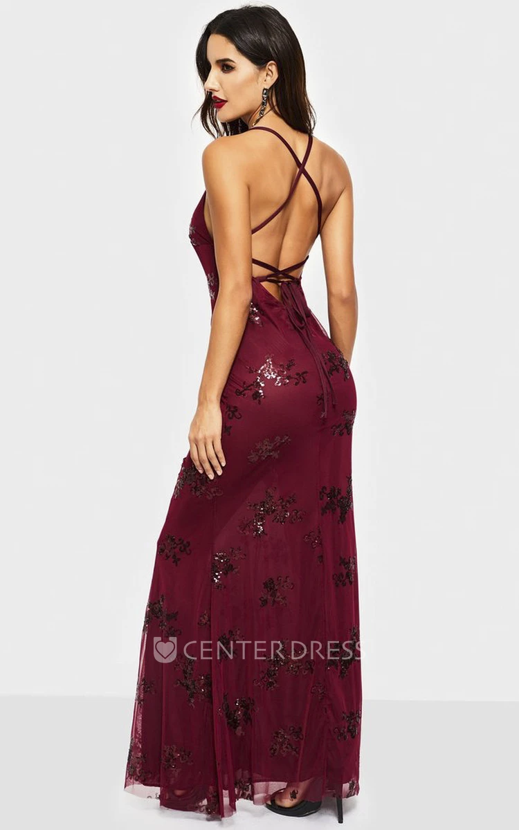 V-neck Sequin Appliqued Sleeveless Sexy Sheath Tulle Gown With Straps