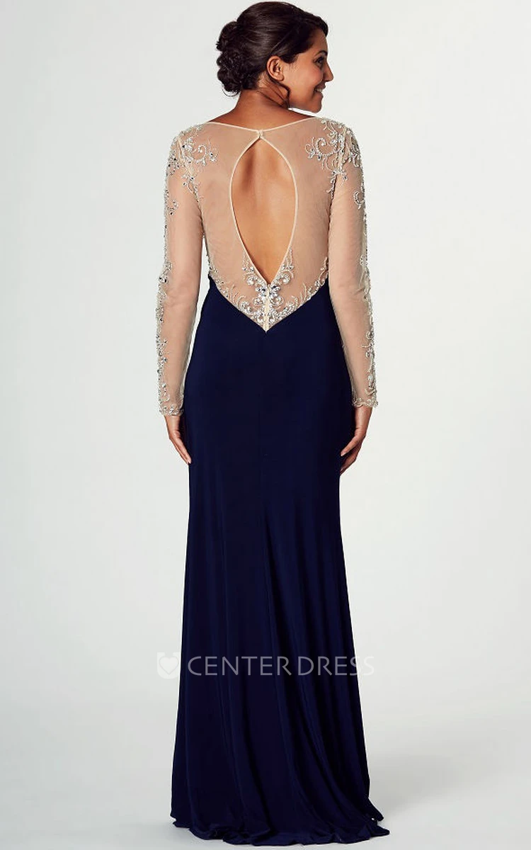 Floor-Length Bateau-Neck Beaded Long-Sleeve Jersey Prom Dress With Split Front