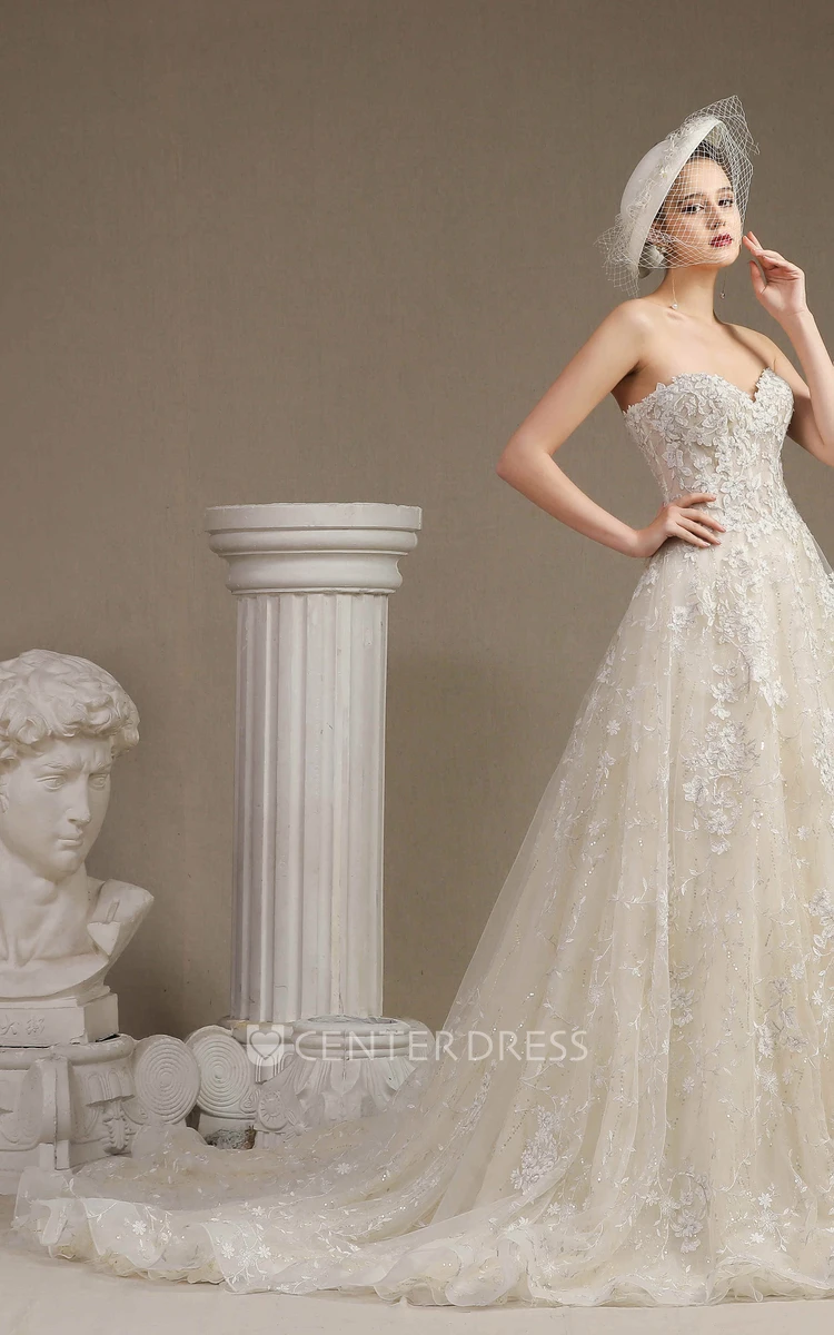 Lace Ballgown Boned Princess Floral Appliqued Sweetheart Sleeveless Wedding Dress