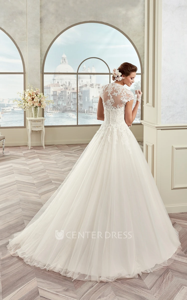 Cap sleeve A-line Wedding Gown With Queen-Anna Neck and Lace Bodice