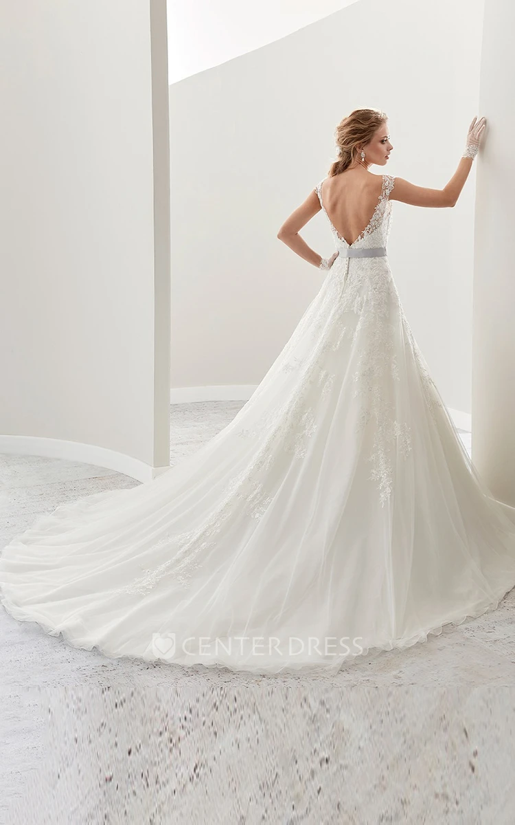 Cap sleeve Lace Bridal Gown with Flower Satin Sash and Open Back