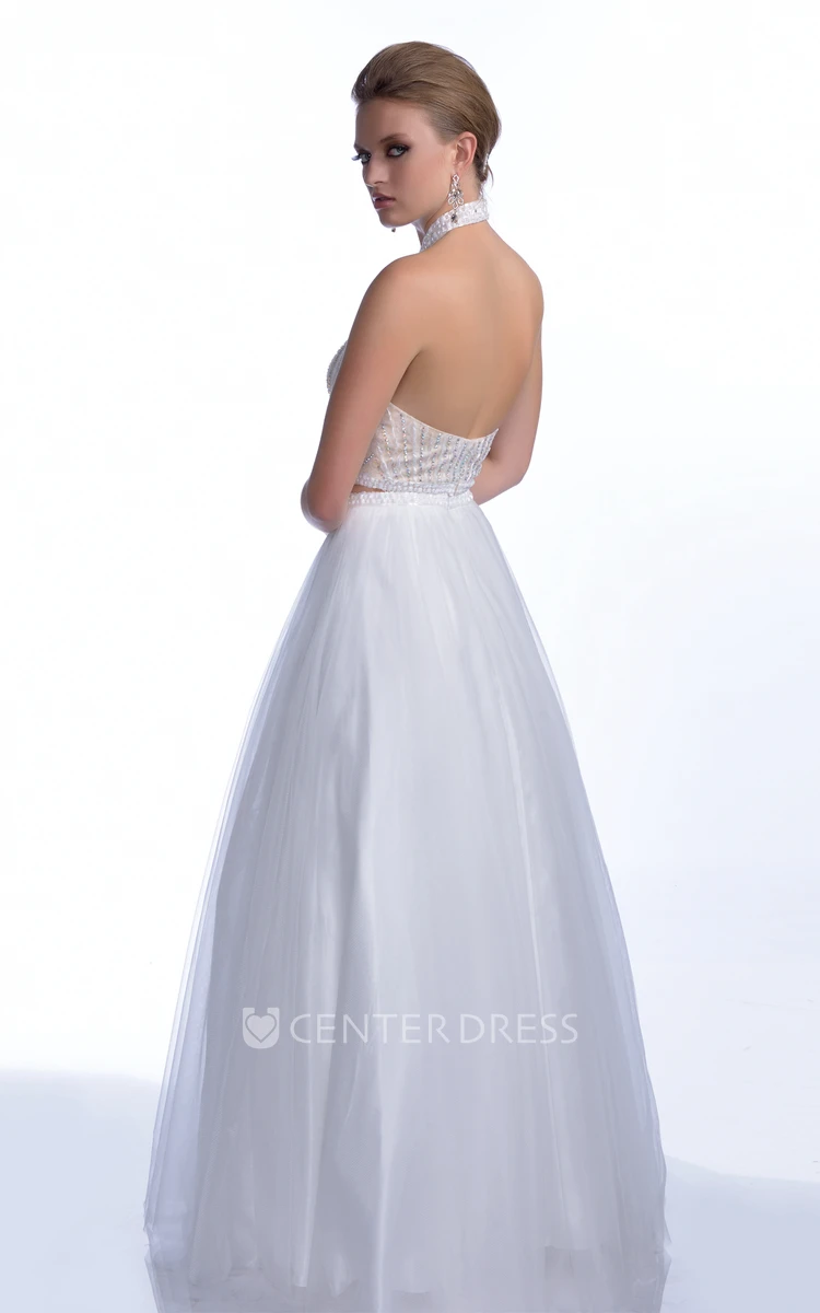 A-Line Sleeveless Crop Top Tulle Prom Dress With Halter And Crystal Bodice