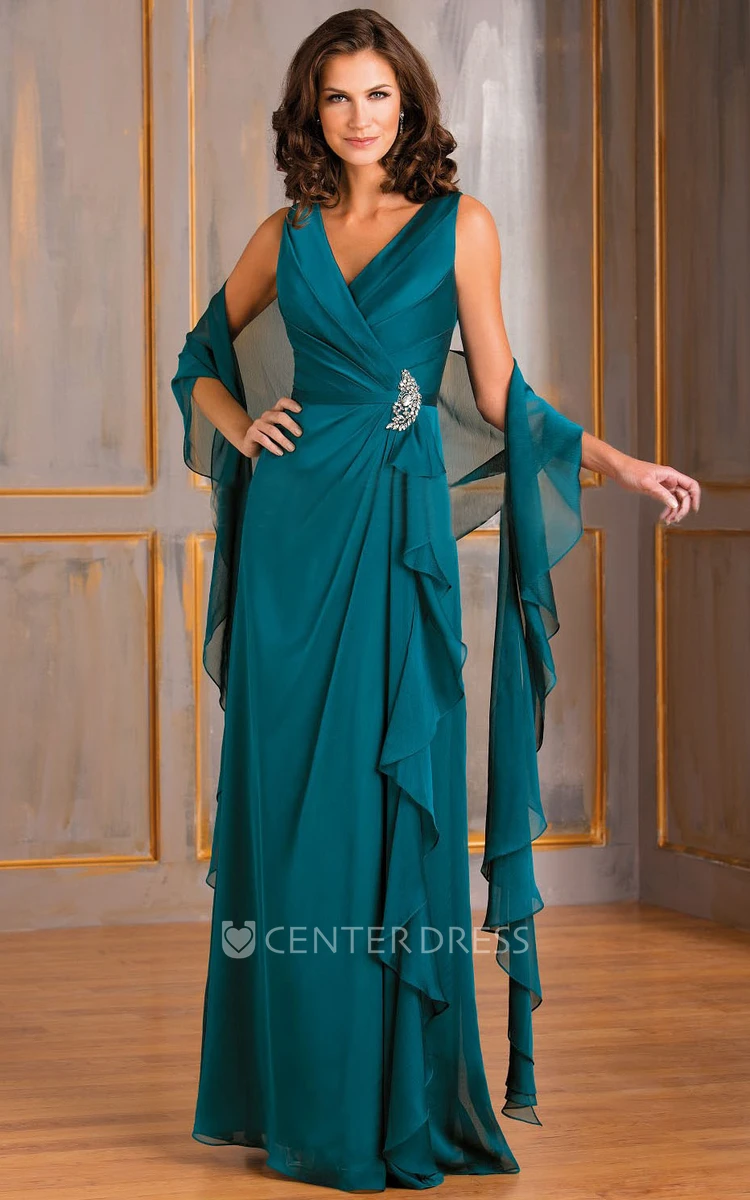 V-Neck Sleeveless Ruffled Gown With Matching Shawl And Crystals - UCenter  Dress