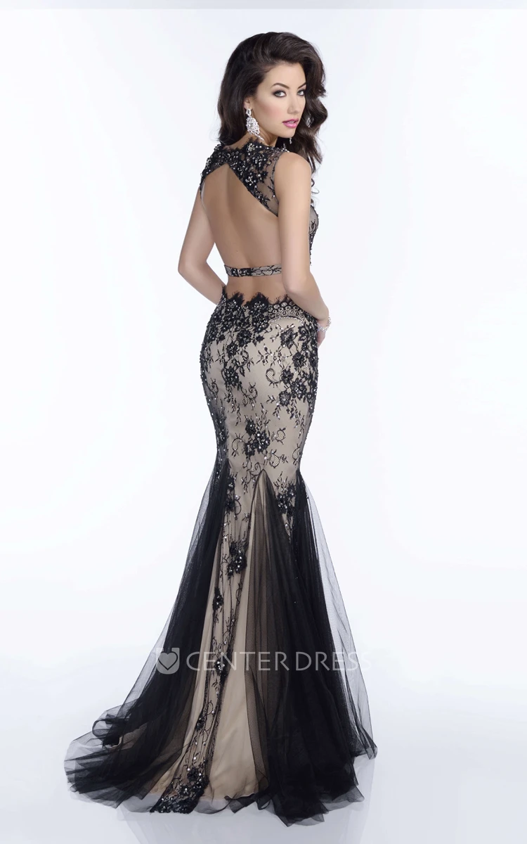 Sleeveless Crop Top Mermaid Tulle Prom Dress With Lace Appliques And Sequins