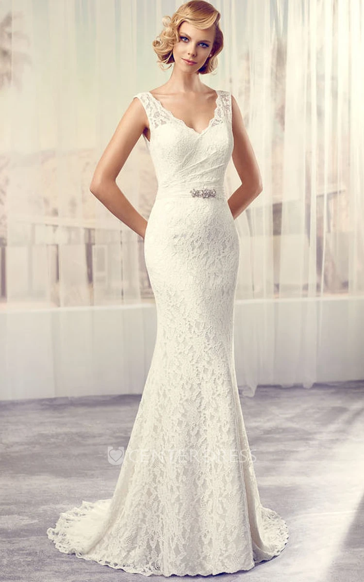 Floor-Length V-Neck Jeweled Lace Wedding Dress With Brush Train And V Back