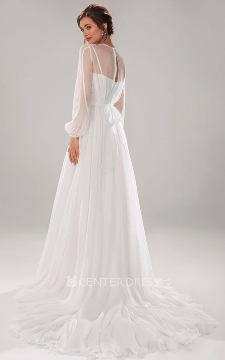 Beautiful A Line Jewel Chiffon Long Sleeve Wedding Dress with Train