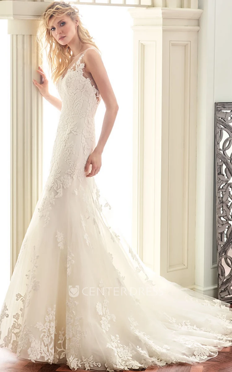 Scoop Long Appliqued Lace Wedding Dress With Court Train And V Back