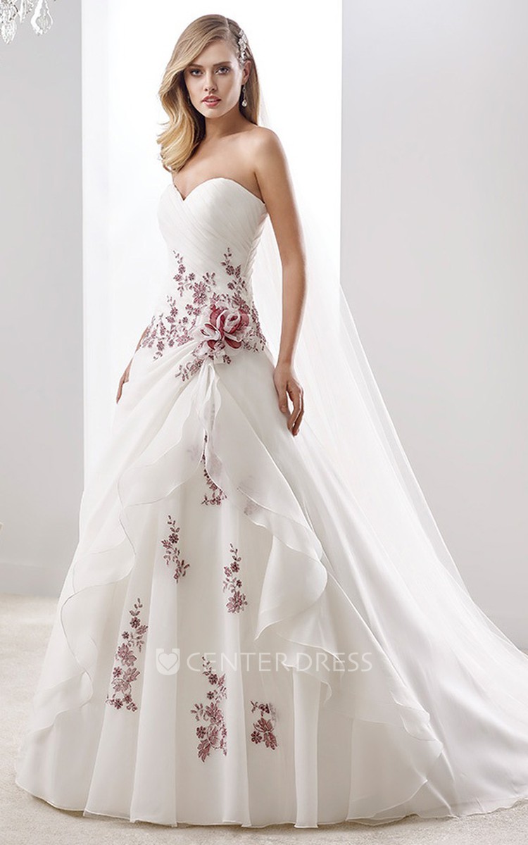 Sweetheart Pleated A-Line Floral Wedding Dress With Lace-Up Back