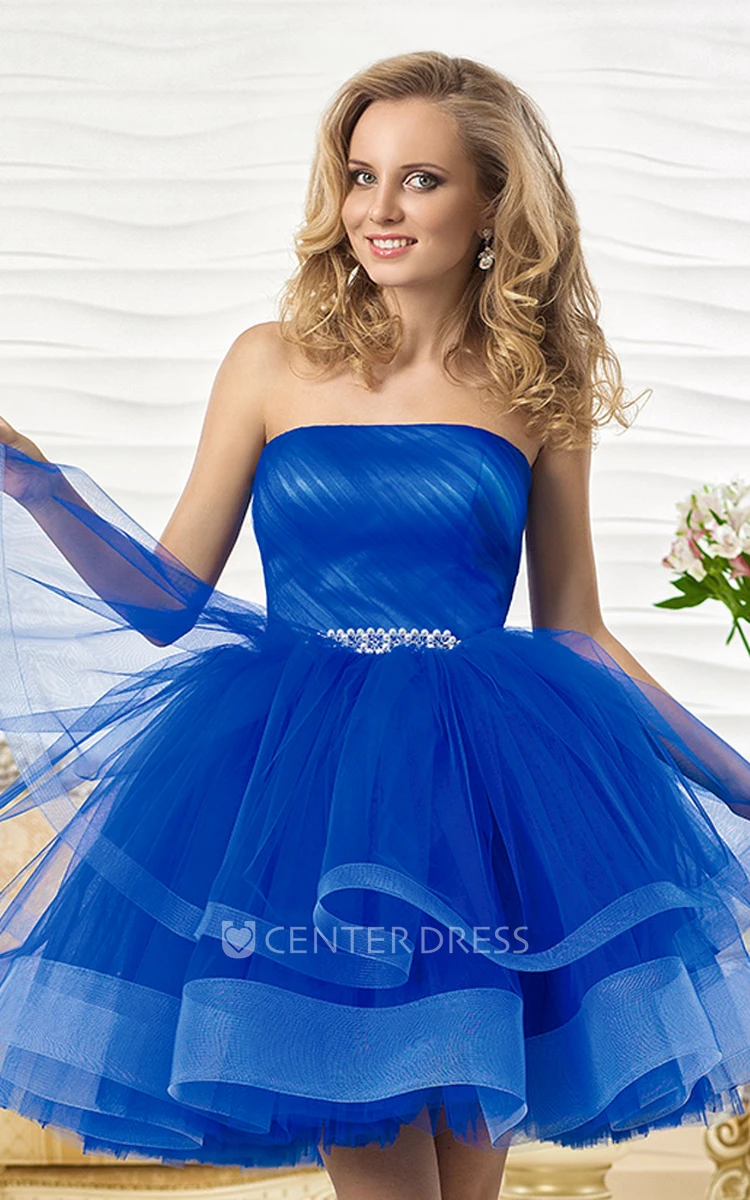 A-Line Short Sleeveless Tiered Strapless Tulle Prom Dress With Ruffles And Waist Jewellery