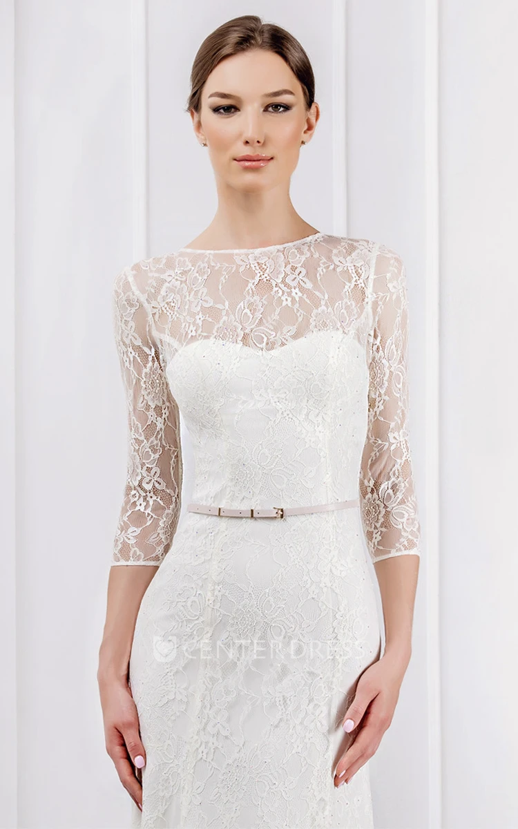 Sheath Ribboned Jewel Neck 3-4 Sleeve Lace Wedding Dress With Brush Train