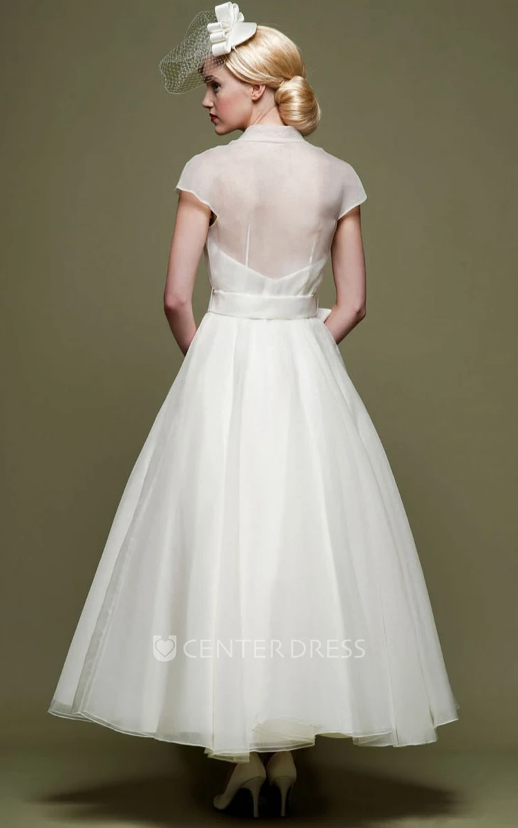 Ankle-Length A-Line Ribboned V-Neck Cap Sleeve Tulle Wedding Dress