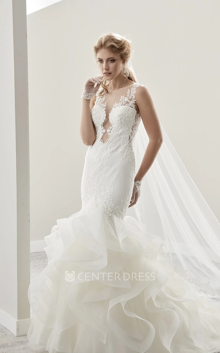 Cap Sleeve Jewel-Neck Sheath Gown With Ruffles And Illusion Design